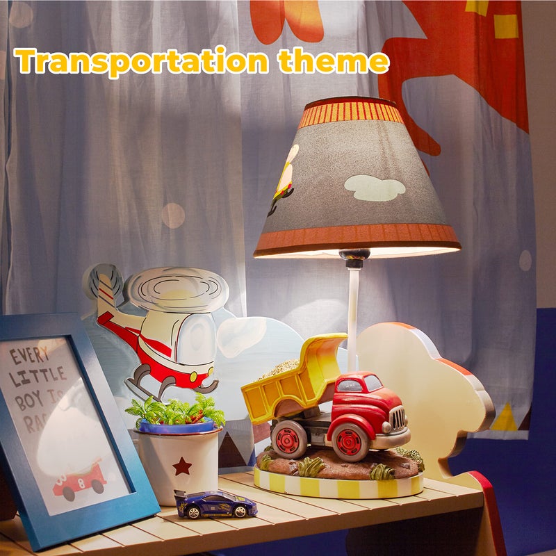 Fantasy Fields Kids Small Table Lamp, Truck Lamp, Car Lamp for Boys Room with Construction Truck Base & Helicopter Printed Shade, Transportation Themed - Image 2
